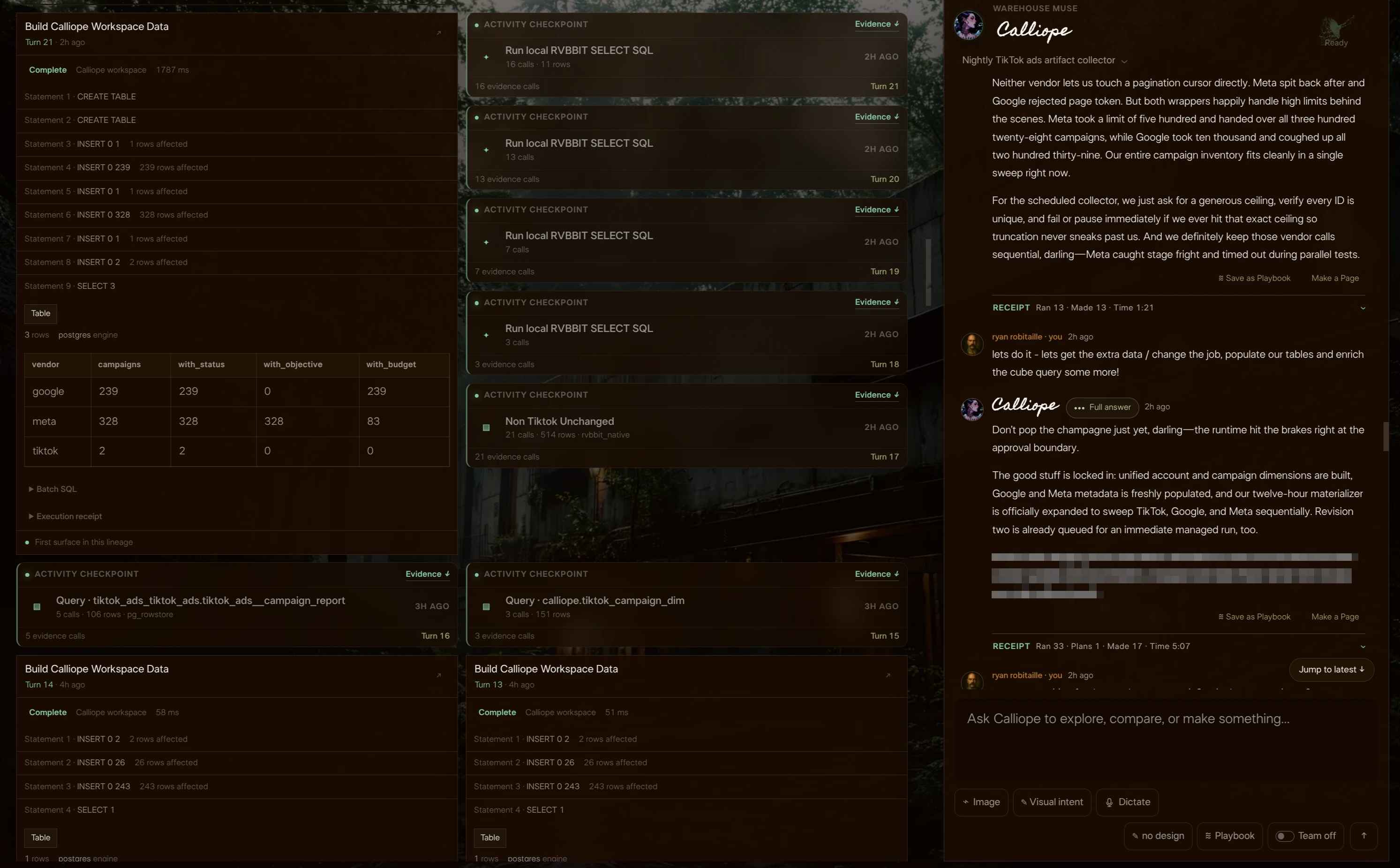 The workspace retains the earlier TikTok campaign-report query while Google and Meta campaign metadata is populated and the collector is expanded.