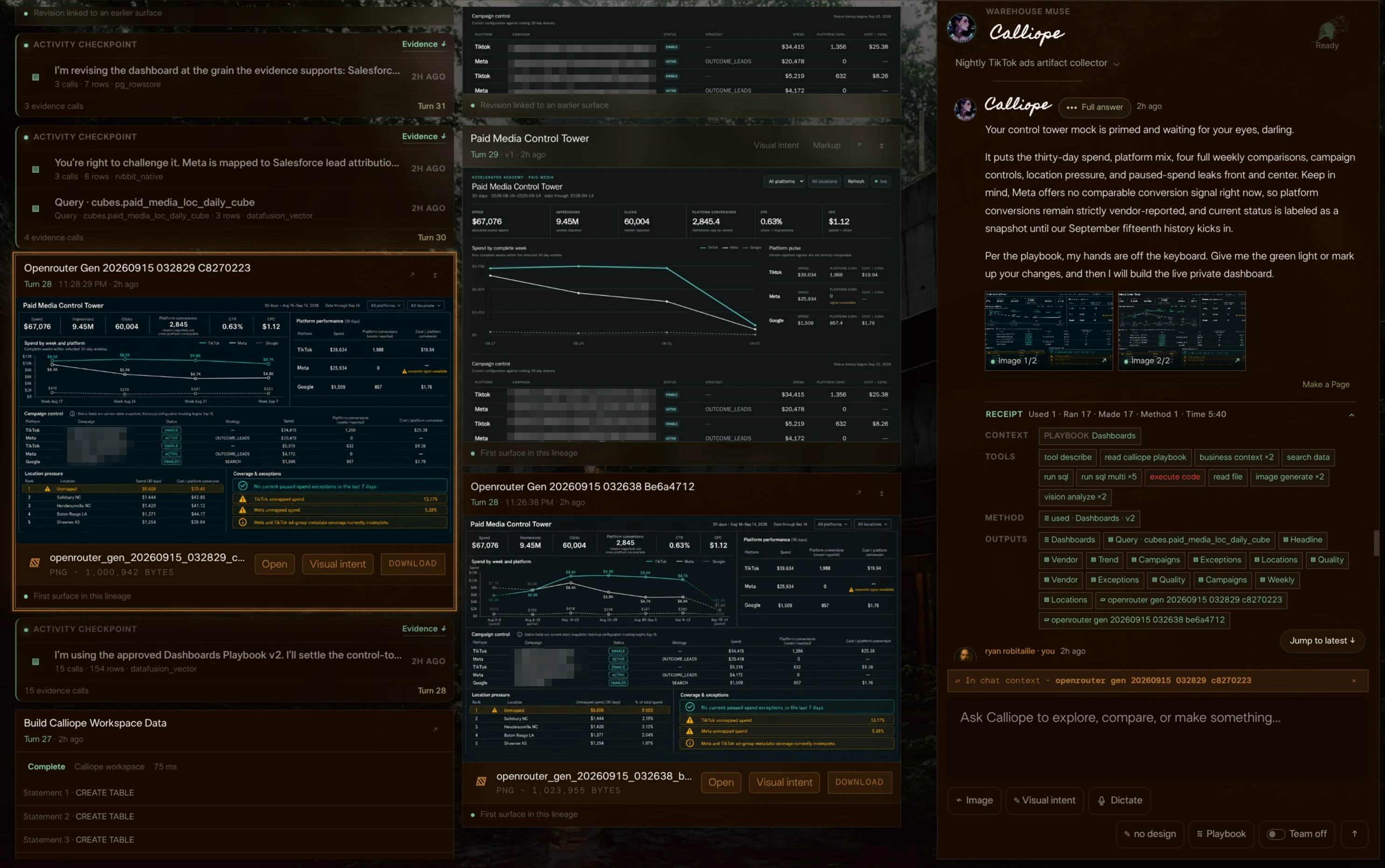 The designed snapshot and first live Paid Media Control Tower beside the build conversation and query receipts.